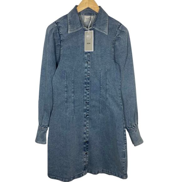 ICHI Denim Pearl Snap Puff Sleeve Dress Size 34 Western Country Sustainable - Picture 1 of 13